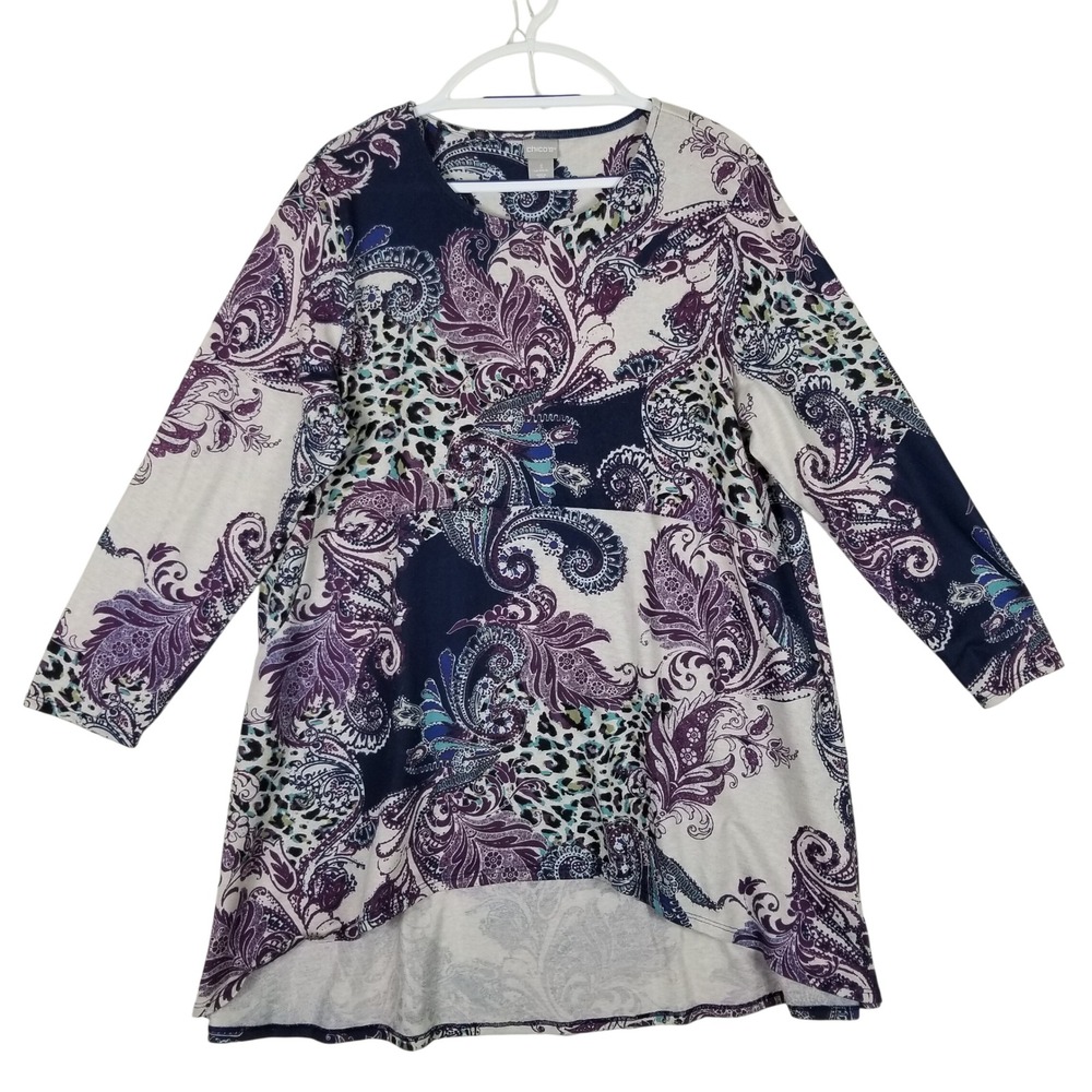 Chico's Tunic Women Size 3 XL Navy Purple Paisley Leopard High-Low Button Back